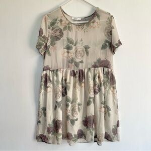 Anine Bing Sheer Floral Mini Dress Short Sleeve White Chiffon Roses Size M
